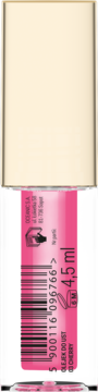 Pielęgnujący olejek do ust Glow Oil Cherry w przezroczystej butelce, widok z tyłu z etykietą i kodem.