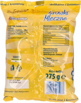 Tył żółtego, błyszczącego opakowania Krówek Mlecznych 275g, widoczne dane odżywcze i data ważności.
