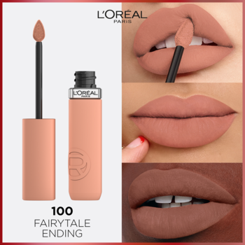 L'Oréal Infaillible Matte Resistance 100 Fairytale Ending – matowa pomadka w płynie, zbliżenie na opakowanie i usta z aplikacją.