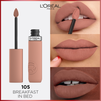Pomadka L'Oréal Infaillible Matte Resistance 105 Breakfast In Bed, matowy odcień nude na ustach i butelka.