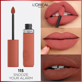 L'Oréal Infaillible Matte Resistance 115 Snooze Your Alarm: matowa pomadka w płynie, opakowanie i usta.