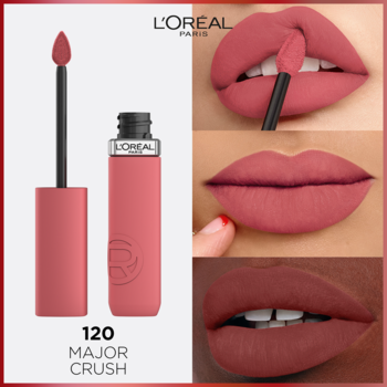 L'Oréal Infaillible Matte Resistance płynna pomadka 120 Major Crush, aplikator obok, oraz trzy ujęcia ust z matowym efektem.