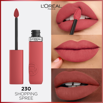 Matowa pomadka L'Oréal Paris Infaillible Matte Resistance 230 Shopping Spree: tubka, aplikator i swatche na ustach.