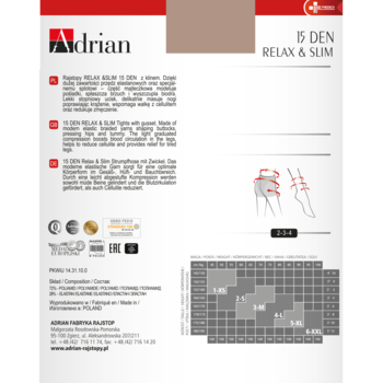 Adrian 15 DEN Relax&Slim rajstopy, biało-czerwone opakowanie z diagramami uciskowymi i tabelą rozmiarów.