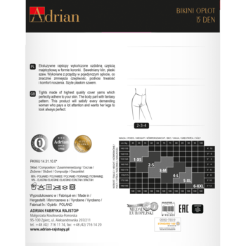 Karta produktu rajstop Adrian Bikini Oplot 15 DEN: opis cech, diagram sylwetki, tabela rozmiarów, detale.