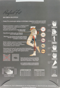 Tył opakowania rajstop Perfect Fit 30 DEN, szczegółowe diagramy modelowania sylwetki i rozmiarów.