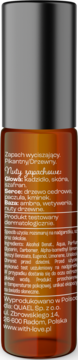 Tył brązowego rollera With Love Obfitość z tekstem o pikantnym, drzewnym zapachu, nuty: kadzidło, skóra, cedr.