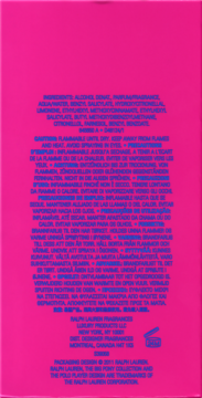 Tył intensywnie różowego opakowania perfum Ralph Lauren The Big Pony 2 Pink, z niebieskimi napisami.