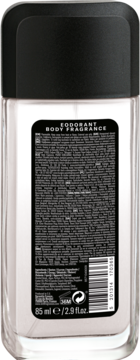 Tył opakowania męskiego sprayu STR8 GAME Body Fragrance 85ml. Czarna etykieta, widoczny skład, kod kreskowy.