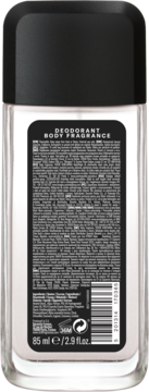 Tył szklanej butelki STR8 GAME dezodorantu/body spray 85ml, czarna etykieta z instrukcjami i kodem kreskowym.