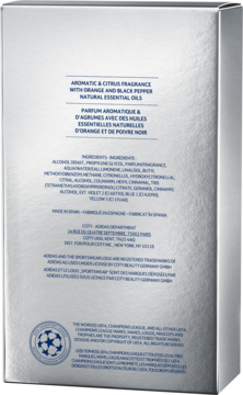 Tył srebrnego opakowania perfum Adidas UEFA Champions League, z detalicznym opisem zapachu i składników.