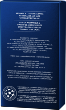 Tył niebieskiego pudełka perfum Adidas Champions League: składniki, opis zapachu, logo UEFA.