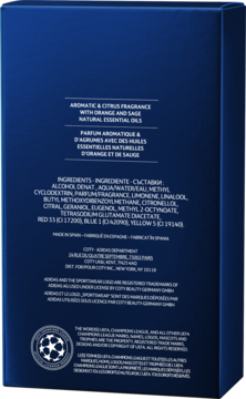 Tył niebieskiego opakowania perfum Adidas UEFA Champions League z listą składników i napisem "AROMATIC & CITRUS FRAGRANCE".