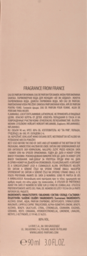 Tył pudełka perfum LA RIVE I AM IDEAL, jasnobeżowe, z nadrukami składników, ostrzeżeń i pojemności 90 ml.