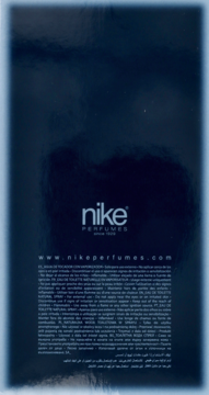 Tył ciemnogranatowego opakowania wody toaletowej Nike Perfumes, z błyszczącym wykończeniem i białym logo.