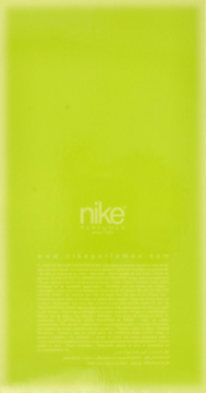 Tylna strona jaskrawozielonego opakowania perfum Nike, z białym logo i drobnym tekstem na środku.