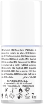 Biała butelka lakieru Semilac 7ml, widok z tyłu z wielojęzyczną etykietą i ikonami produktu.