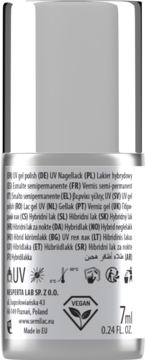 Tył srebrnej butelki Semilac UV gel polish, widoczne etykiety z opisem produktu, symbole oraz certyfikat Vegan.