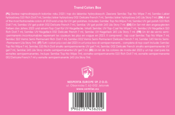 Tył różowego pudełka Semilac Trend Colors Box, zestawu lakierów hybrydowych. Widoczne napisy i kod EAN.