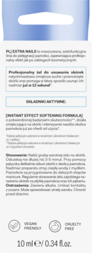 Napisy z opakowania More4Care Extra Nails: żel do usuwania skórek, opis działania, ikony Vegan friendly i Cruelty free.