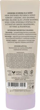 Tył beżowo-fioletowej tubki kremu Yope do rąk z tekstem opisującym skład (m.in. bioceramidy, mango), użycie i składniki.