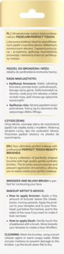 Tekst z opakowania pędzla Perfect Touch do bronzera i różu, z instrukcją makijażu i pielęgnacji.