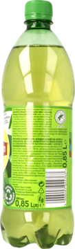 Lipton Green Tea, napój herbaciany w przezroczystej butelce 0,85 L, tył z zieloną etykietą i kodem kreskowym.