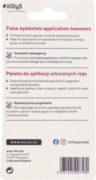 Tył opakowania pęsety KillyS do sztucznych rzęs. Jasnoróżowe tło, białe bloki tekstu z opisem.