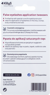Tył opakowania pęsety KillyS do sztucznych rzęs, opis zastosowania i ergonomii w językach polskim i angielskim.