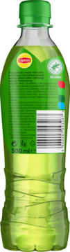 Tył zielonej butelki Lipton Ice Tea 500ml, napój owocowo-herbaciany z ekstraktem zielonej herbaty.