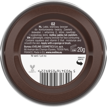 Tył brązowego bronzera CHOCO GLAMOUR do konturowania twarzy, z białą etykietą, opisem produktu i wagą 20g.