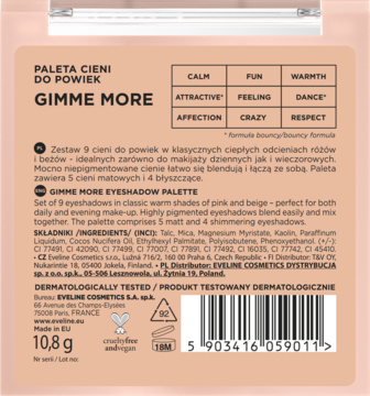 Tył opakowania palety cieni GIMME MORE, 9 cieni w ciepłych odcieniach różu i beżu, waga 10,8g.