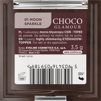 Tył brązowego opakowania Eveline CHOCO GLAMOUR 01 Moon Sparkle, luksusowego cienia-toppera 3,5g.