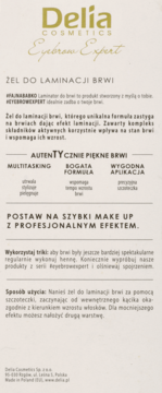 Białe opakowanie Delia Eyebrow Expert Żel do laminacji brwi z czytelnym opisem i złotym logo, widok z przodu.