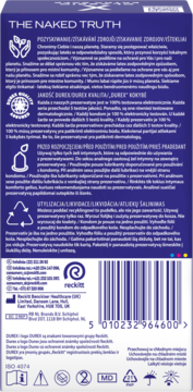 Tył granatowego opakowania Durex Prezerwatywy Extra Safe, z białym tekstem, piktogramami i kodem kreskowym.