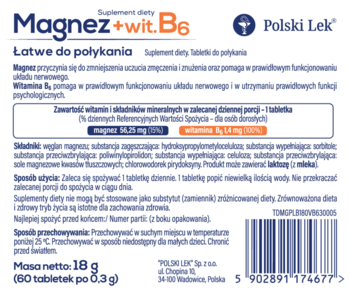 Tył białego opakowania suplementu Magnez+wit. B6 Polski Lek, z listą składników, dawkowaniem i kodem kreskowym.