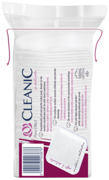 Tył opakowania Cleanic Pure Effect delikatnych płatków kosmetycznych, białe, 100% bawełny, z tekstem.