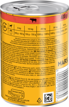 Tył pomarańczowej puszki PEDIGREE Adult 400g z wołowiną dla psów, tabelą dawkowania i logo Mars.