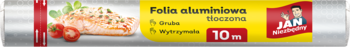 Folia aluminiowa JAK, gruba i wytrzymała, 10 m, z logo kucharza. Widok rolki na jasnym tle.