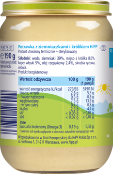 Tył słoiczka HiPP Potrawka z ziemniaczkami i królikiem 190g, z etykietą, składem i wartościami odżywczymi.