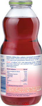 Tył szklanej butelki HiPP BIO herbatka z dzikiej róży z sokiem, różowa etykieta z tabelą odżywczą.