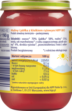 Słoiczek HiPP BIO Maliny i jabłka z kleikiem ryżowym, widok z tyłu z etykietą, składem i tabelą odżywczą.