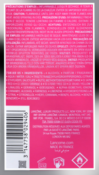 Tył różowej butelki perfum Lancome Miracle z kodem kreskowym, listą składników i ostrzeżeniami.