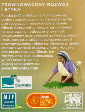 Tył opakowania herbaty Dilmah z opisem etyki, zrównoważonego rozwoju, logotypami i ilustracją zbioru herbaty.