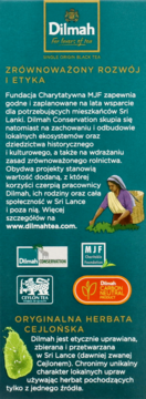 Boczny panel Dilmah czarnej herbaty: tekst o etyce, zrównoważonym rozwoju, cejlońskich uprawach i logo.