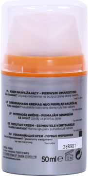 Tył szarego słoika kremu L'Oréal Men Expert, z pomarańczową etykietą, napisem KREM NAWILŻAJĄCY 50 ml.