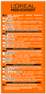 Tył pomarańczowego opakowania kremu L'Oréal Men Expert przeciw pierwszym zmarszczkom, z wielojęzycznym opisem.