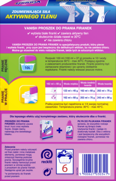 Tył opakowania Vanish Proszek do prania firanek, różowe, z ilustracjami użycia i opisem aktywnego tlenu.