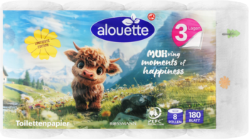 Papier toaletowy Alouette 3-warstwowy, 8 rolek (180 listków). Opakowanie z uroczą krową w górskiej łące, widok z przodu.