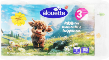 Papier toaletowy Alouette 3-warstwowy, 8 rolek po 180 listków, opakowanie z cielakiem w górach.